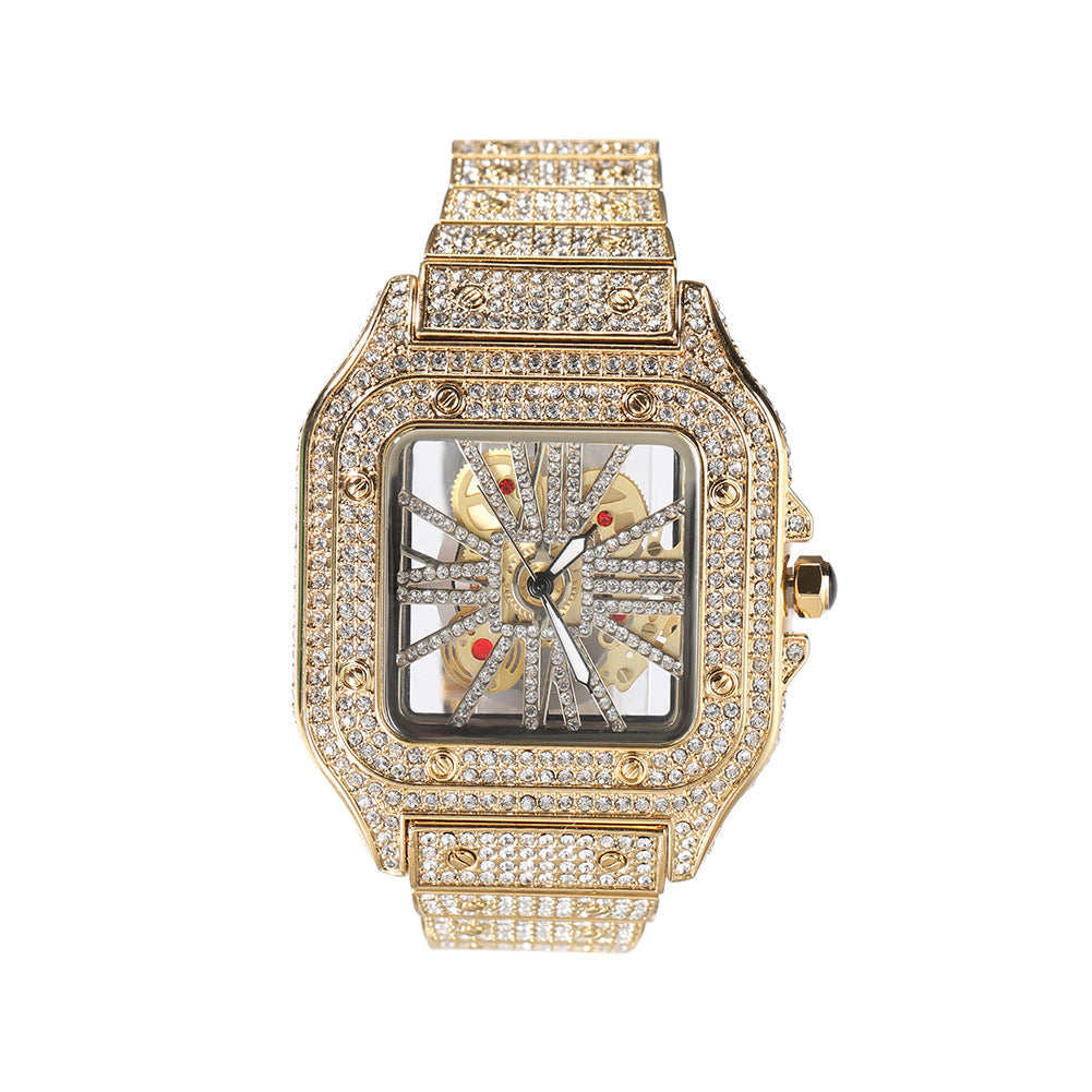 Hip-hop diamond-encrusted hollowed-out square watch