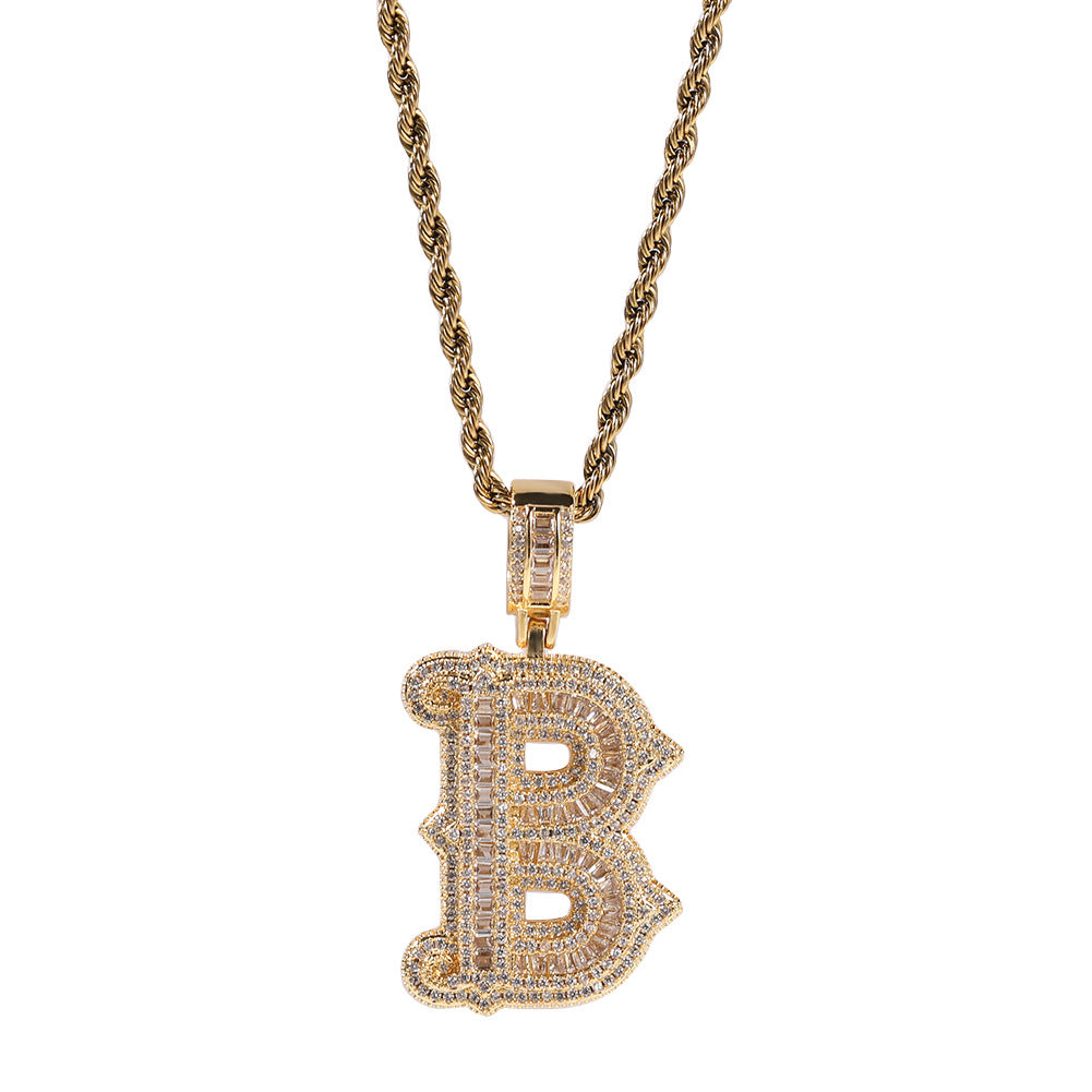 Hip-hop fully diamond-encrusted spiky rock sugar letter necklace