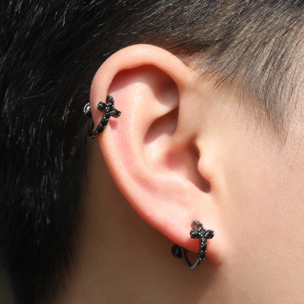 Hip Hop Zircon Black Spiral Clasp Cross Earrings