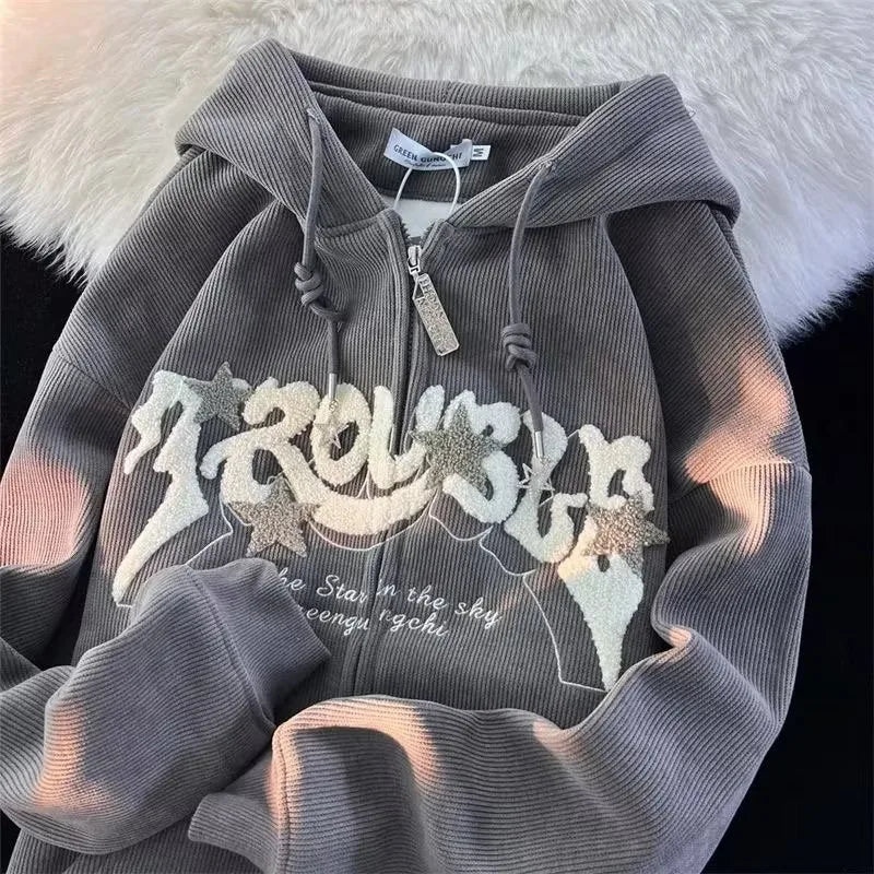 Fashion Embroidery Zip Up Hoodies Women Autumn Long Sleeve Tops Loose Hood Shirt Harajuku Y2K Clothes Female Sweatshirt Jacket